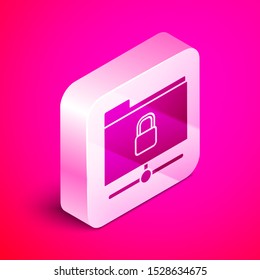 Isometric FTP folder and lock icon isolated on pink background. Concept of software update. Security, safety, protection concept. Silver square button. Vector Illustration