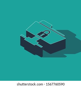 Isometric FTP folder and lock icon isolated on green background. Concept of software update, ftp transfer protocol. Security, safety, protection concept.  Vector Illustration