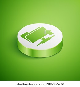 Isometric FTP folder upload icon isolated on green background. Concept of software update, transfer protocol, router, teamwork tool management, copy process. White circle button. Vector Illustration