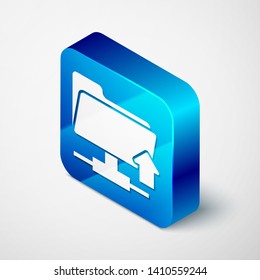 Isometric FTP folder upload icon isolated on white background. Concept of software update, transfer protocol, router, teamwork tool management, copy process. Blue square button. Vector Illustration