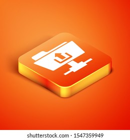Isometric FTP folder upload icon isolated on orange background. Software update, transfer protocol, router, teamwork tool management, copy process.  Vector Illustration