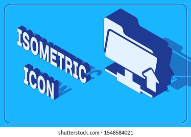 Isometric FTP folder upload icon isolated on blue background. Software update, transfer protocol, router, teamwork tool management, copy process.  Vector Illustration