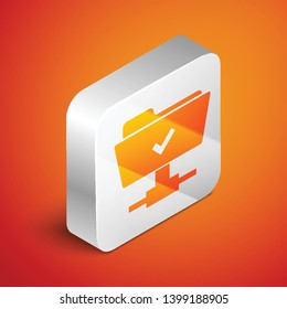 Isometric FTP operation successful icon on orange background. Concept of software update, transfer protocol, teamwork tool management, copy process. Silver square button. Vector Illustration