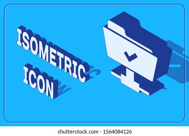 Isometric FTP operation successful icon isolated on blue background. Software update, transfer protocol, teamwork tool management, copy process.  Vector Illustration