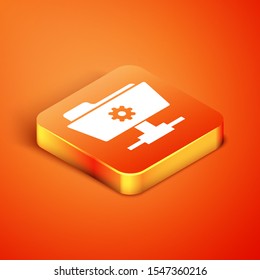 Isometric FTP settings folder icon isolated on orange background. Software update, transfer protocol, router, teamwork tool management, copy process.  Vector Illustration