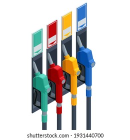 Isometric Fuel Pumps At A Gas Station. Colorful Petrol Pump Filling Nozzles Isolated On White Background