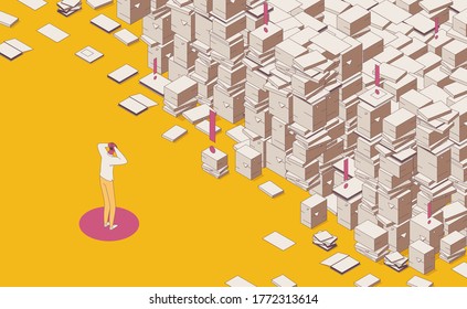 Isometric Full Color Outline Mess Paper Work, Documents And Important Files Drawn, Man Holds His Head. Yellow And Pink Colors. Concept Scene About Deadline And Lots Of Paper Work.