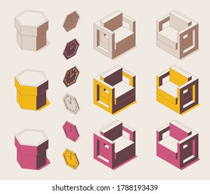 Isometric full color outline set for office. Bench, easy chair, watch drawn with pink and yellow in various foreshortening views