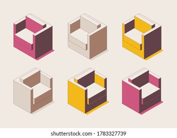 Isometric full color outline soft chair in various colors. Pink and yellow furniture for office lobby and home interior.