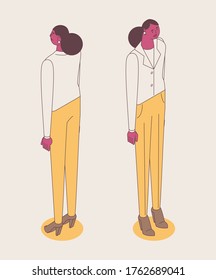Isometric full color outline standing woman in business clothes. Simplified female character from front and back