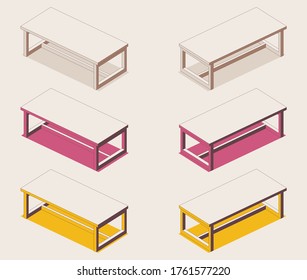 Isometric full color outline table in pink and yellow with shadow