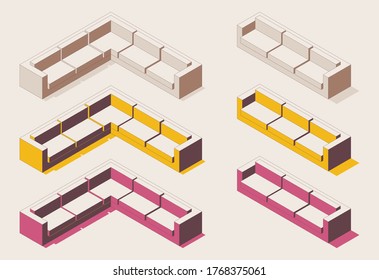Isometric full color outline vector  corner soft sofa for office, home, reception in various views with shadow