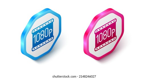Isometric Full HD 1080p icon isolated on white background. Hexagon button. Vector