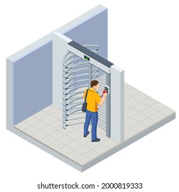 Isometric Full height turnstile security system. Security gates. Access control equipment. Magnetic card access turnstiles. Electronic turnstile. Automatic checkpoint. Building security