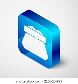 Isometric Full sack icon isolated on grey background. Blue square button. Vector