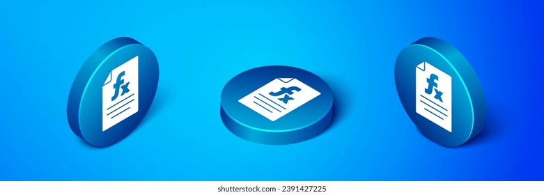 Isometric Function mathematical symbol icon isolated on blue background. Blue circle button. Vector