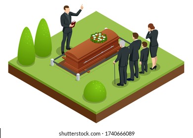 Isometric Funeral ceremony at the cemetery. Sad and crying people in black clothes are standing with flowers near the tomb. Funeral services