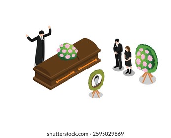 Isometric Funeral Scene with Mourners, Coffin, and Floral Wreaths 3d flat vector illustrations