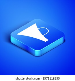 Isometric Funnel or filter icon isolated on blue background. Blue square button. Vector Illustration