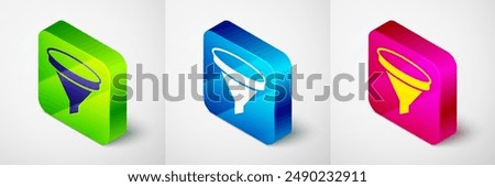 Isometric Funnel or filter icon isolated on grey background. Square button. Vector