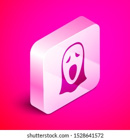 Isometric Funny and scary ghost mask for Halloween icon isolated on pink background. Happy Halloween party. Silver square button. Vector Illustration