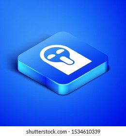 Isometric Funny and scary ghost mask for Halloween icon isolated on blue background. Happy Halloween party. Blue square button. Vector Illustration