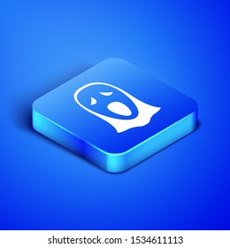 Isometric Funny and scary ghost mask for Halloween icon isolated on blue background. Happy Halloween party. Blue square button. Vector Illustration