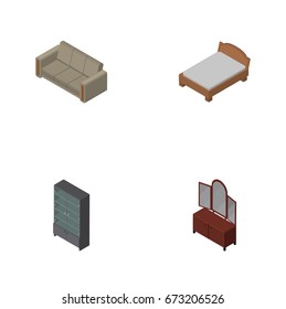 Isometric Furnishing Set Of Couch, Drawer, Sideboard And Other Vector Objects. Also Includes Bed, Couch, Cupboard Elements.