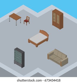 Isometric Furnishing Set Of Couch, Sideboard, Chair And Other Vector Objects. Also Includes Sideboard, Chair, Sofa Elements.