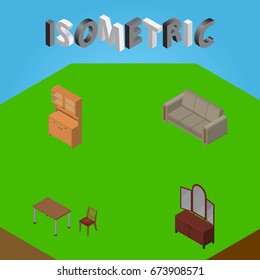 Isometric Furnishing Set Of Cupboard, Couch, Drawer And Other Vector Objects. Also Includes Closet, Couch, Mirror Elements.