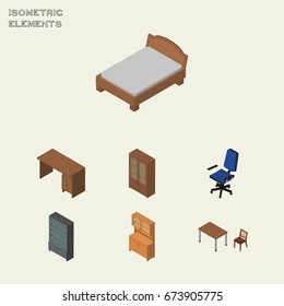 Isometric Furnishing Set Of Cupboard, Sideboard, Table And Other Vector Objects. Also Includes Chair, Cabinet, Closet Elements.