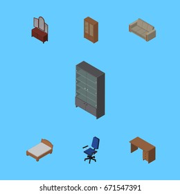 Isometric Furnishing Set Of Drawer, Cabinet, Table And Other Vector Objects. Also Includes Cupboard, Settee, Couch Elements.