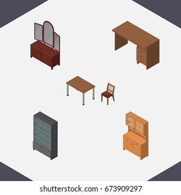 Isometric Furnishing Set Of Drawer, Cupboard, Table And Other Vector Objects. Also Includes Mirror, Closet, Cupboard Elements.