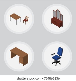Isometric Furnishing Set Of Drawer, Table, Office And Other Vector Objects. Also Includes Drawer, Chair, Office Elements.