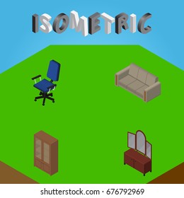 Isometric Furnishing Set Of Office, Couch, Cabinet And Other Vector Objects. Also Includes Armchair, Cupboard, Couch Elements.