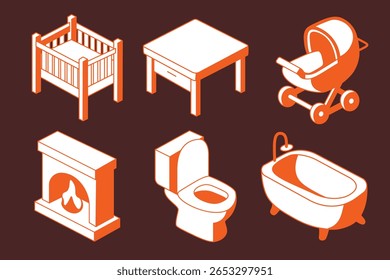 Isometric Furniture Cartoon Icon Illustrations
