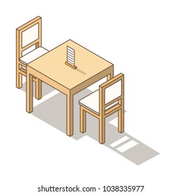 Isometric furniture chairs and table. Design elements for an interior of the house or restaurant. Line art vector.