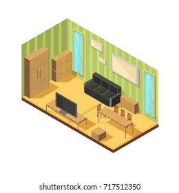 Isometric furniture composition of living room cabinetry tables hanging robe dresser couch mirrors and lounge settee vector illustration