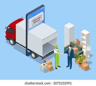 Isometric Furniture Delivery, Moving House Service Concept. Relocation. Loaders Taking Furniture From Truck. Delivery Truck With A Bunch Of Boxes.