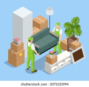 Isometric Furniture delivery, moving house service concept. Carton boxes with stuff. Relocation.