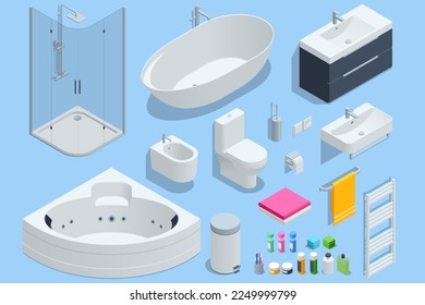 Isometric furniture elements, bathroom elements shower cabin, shower, bathtub, toilet bowl, bidet and heated towel rail