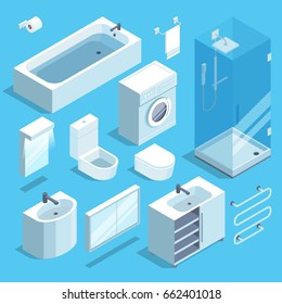 Isometric furniture elements set of bathroom interior. Vector illustrations