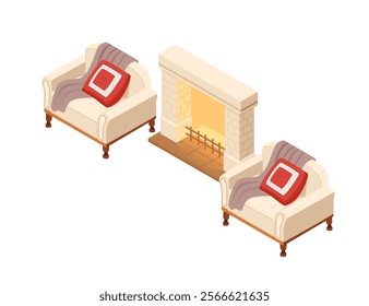 Isometric furniture fireplace and sofa with pillows. Suitable for home interior visuals, real estate designs, or furniture catalogs. Vector illustration isolated on white background