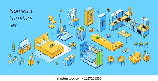 Mobiliario isométrico para casa y apartamento. Conjunto vectorial de cocina, sala de estar y habitación interior, mesa de comedor, sofá, sillas, frigorífico, bañera con ducha, cama, televisión, estantería y aseo