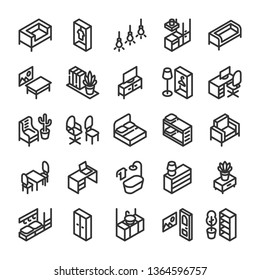 Isometric Furniture And Interior Icons Set. Line Style