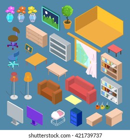 Isometric Furniture. Isometric Living Room Planning. Isometric Interior Objects. Household Objects. Vector illustration