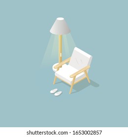 Isometric furniture set  with armcheir,lamp,home slippers,decor.Scandinavian furniture isolated on a blue background