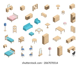 Isometric Furniture Set, Bedroom, Living Room And Dining Room Elements, Vector Illustration