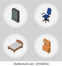Isometric Furniture Set Of Bedstead, Cupboard, Sideboard And Other Vector Objects. Also Includes Sideboard, Bedstead, Wardrobe Elements.