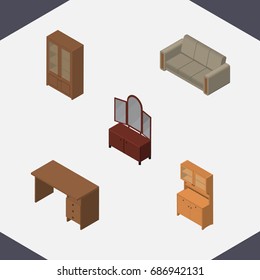 Isometric Furniture Set Of Cabinet, Table, Couch And Other Vector Objects. Also Includes Sofa, Couch, Locker Elements.